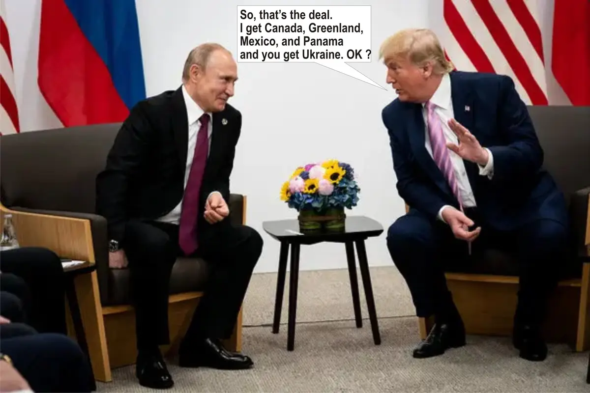 Two men in suits sit across from each other in a formal setting with flags behind them. A speech bubble above one man reads…