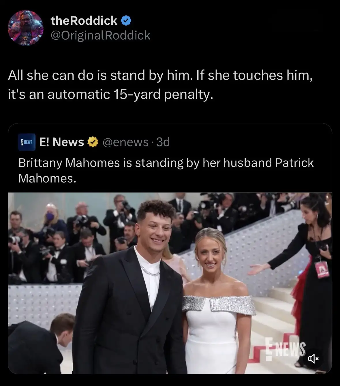 A screenshot of a tweet by 'theRoddick' shows a photo of Brittany Mahomes and Patrick Mahomes posing together at a red…