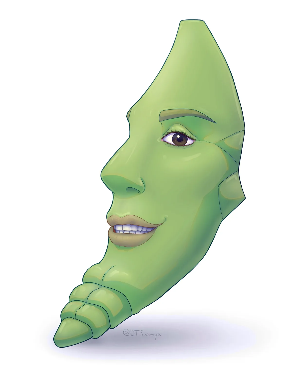A cartoonish green crescent moon with a human-like face, smiling and looking sideways, has the text 'i'm not a fan of the…