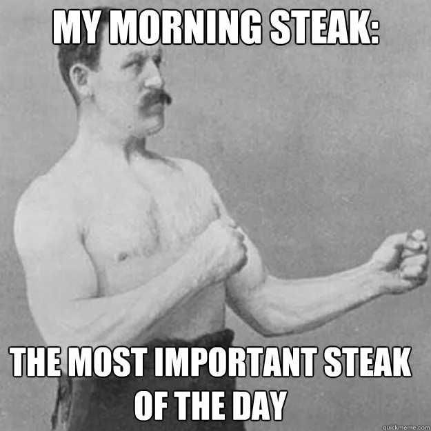 A black-and-white photo of a shirtless man with a mustache flexing his biceps, with bold white text overlaid at the top…