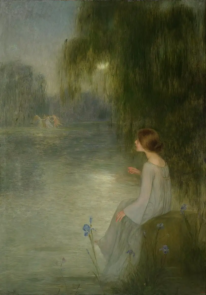 A woman in a light-colored dress sits by a moonlit lake under a weeping willow, gazing toward a distant group of figures…