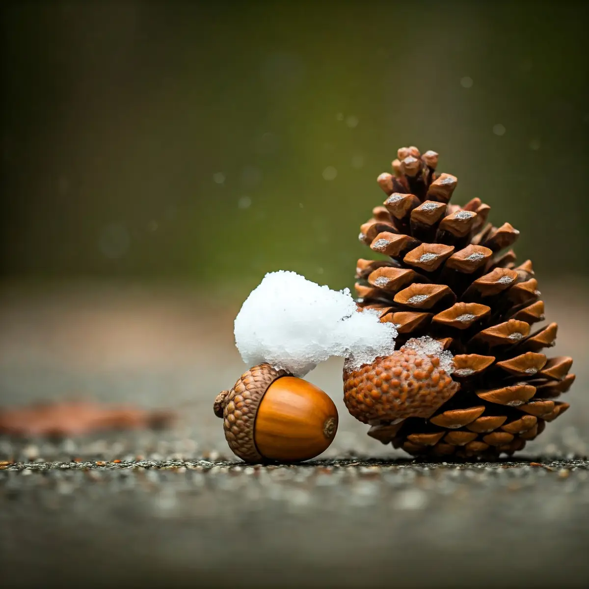 A close-up photo shows a pinecone and an acorn touching noses with a small puff of snow between them, creating a romantic…