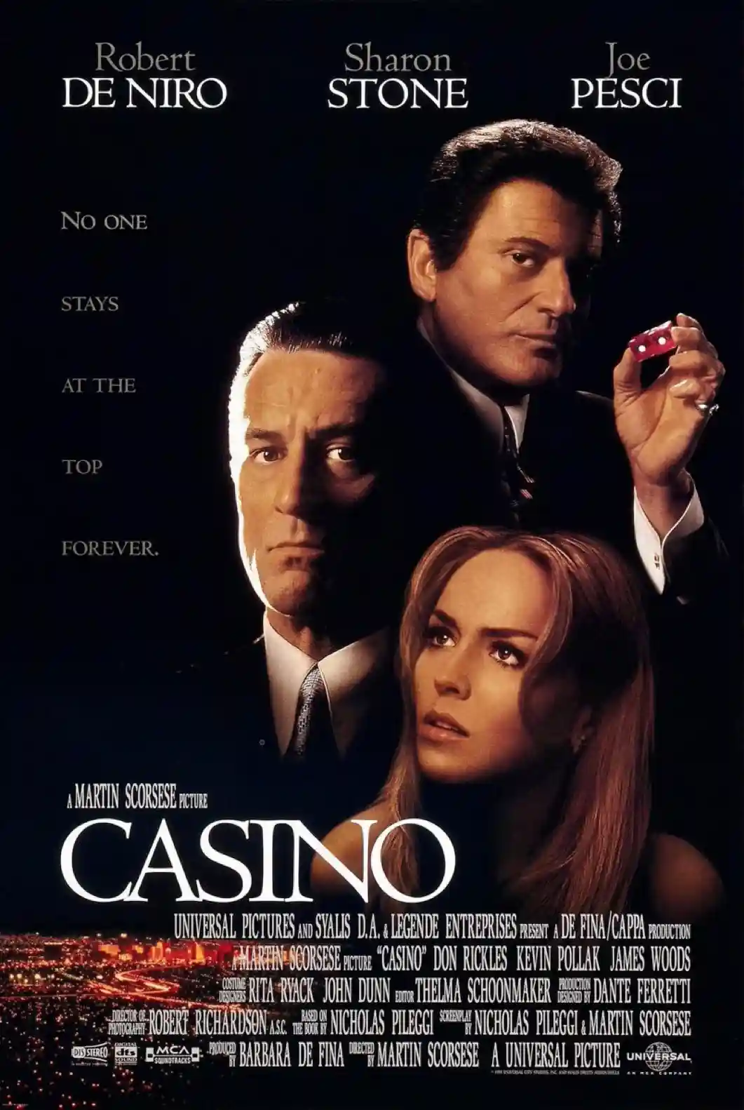 The image is a movie poster for 'Casino' featuring actors Robert De Niro, Sharon Stone, and Joe Pesci. The poster shows them…