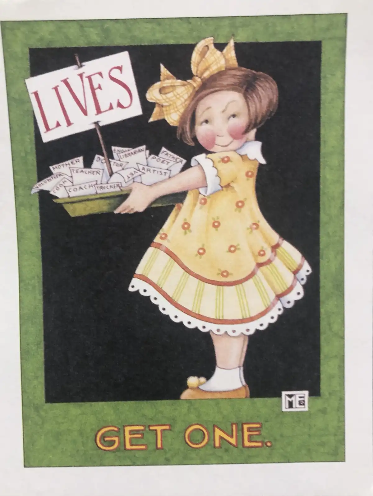 A cheerful illustrated girl in a yellow dress holds a tray labeled 'LIVES' filled with slips of paper bearing professions…