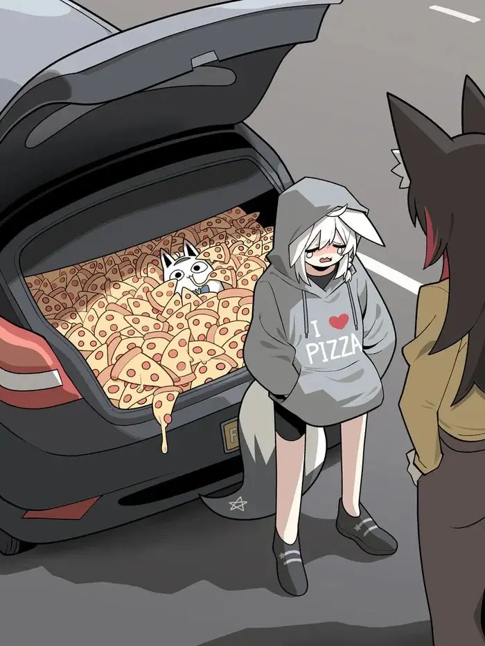 An anime-style girl in a grey hoodie with 'I ❤️ PIZZA' printed on it stands beside an open car trunk overflowing with pizza…