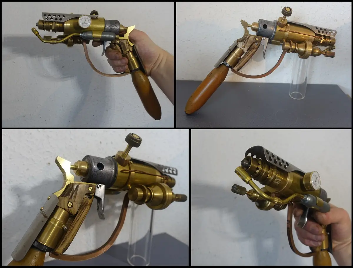 a four-panel image collage displays a brass and copper-colored tool resembling a steampunk-style firearm, held and viewed…