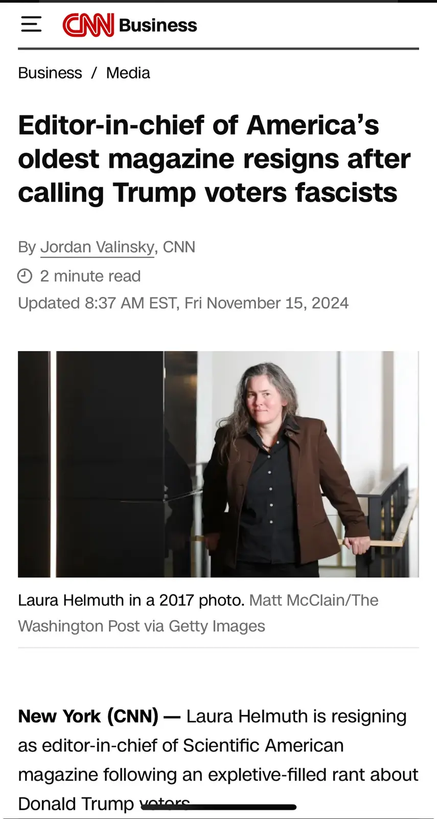 A screenshot of a CNN Business article about Laura Helmuth resigning as editor-in-chief of Scientific American after calling…