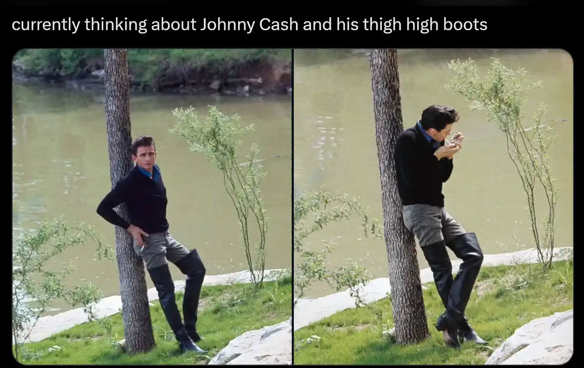 A split image shows a man leaning against a tree by a river, wearing thigh-high boots. In the left panel, he looks directly…