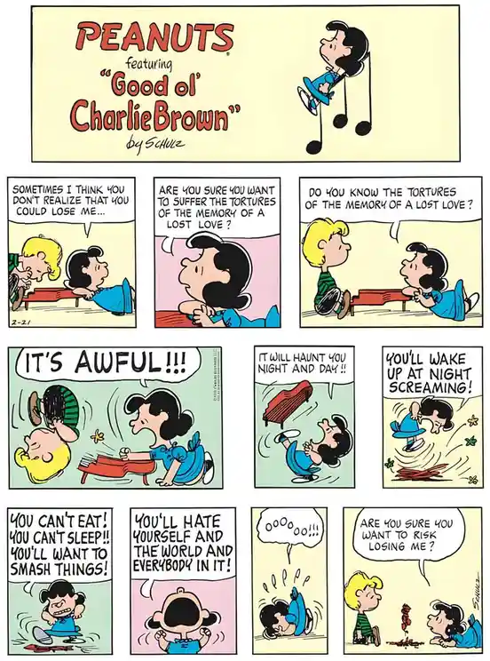 A Peanuts comic strip where Lucy dramatically warns Charlie Brown of the horrors of losing her, listing emotional and…