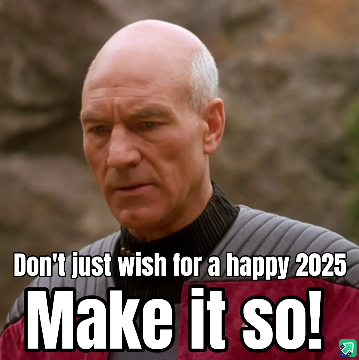 A close-up image of Captain Picard from Star Trek, wearing his Starfleet uniform with a serious, determined expression…