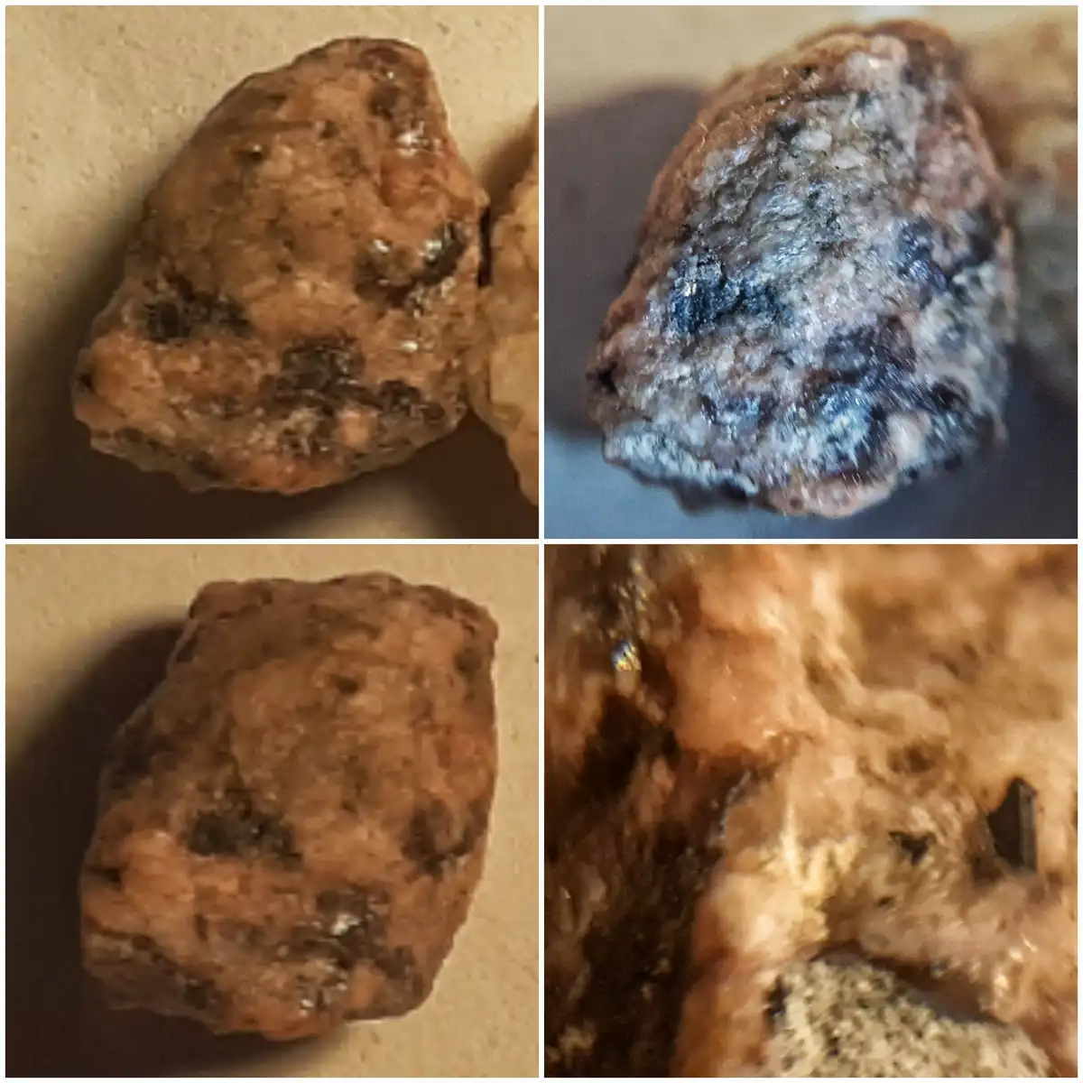 A four-panel collage shows close-up views of a rough, brownish rock with dark speckles and shiny mineral inclusions…