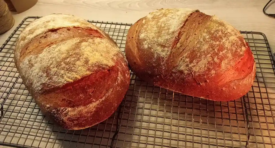 Two round, rustic loaves of bread sit on a black wire cooling rack atop a light wood surface. Both loaves have a…