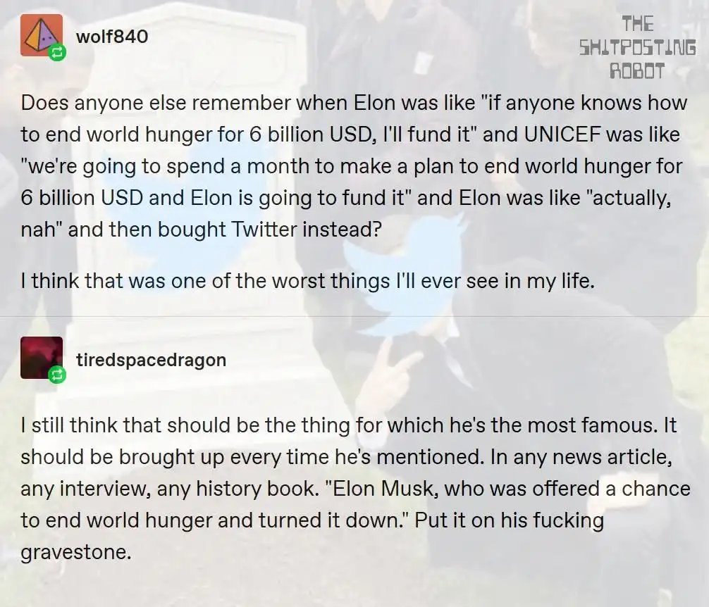A screenshot of a Reddit thread where users discuss Elon Musk declining a $6 billion offer to end world hunger, instead…