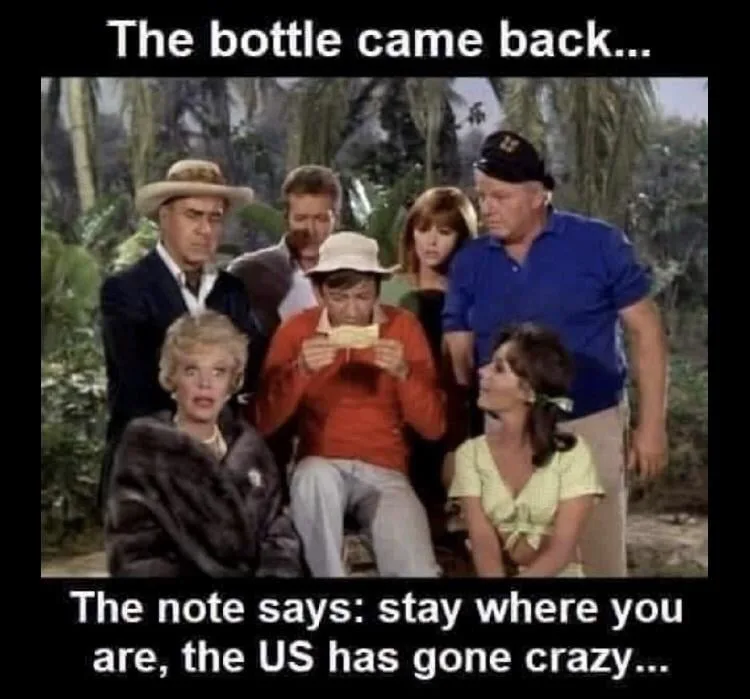 A still from the 1960s TV show 'Gilligan's Island' shows the cast looking shocked as the man in the red shirt reads a note…