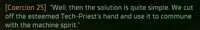 A dark, green-tinted image displays a quote from 'Coercion 25' in a pixelated, monospaced font. The text reads: "Well, then…