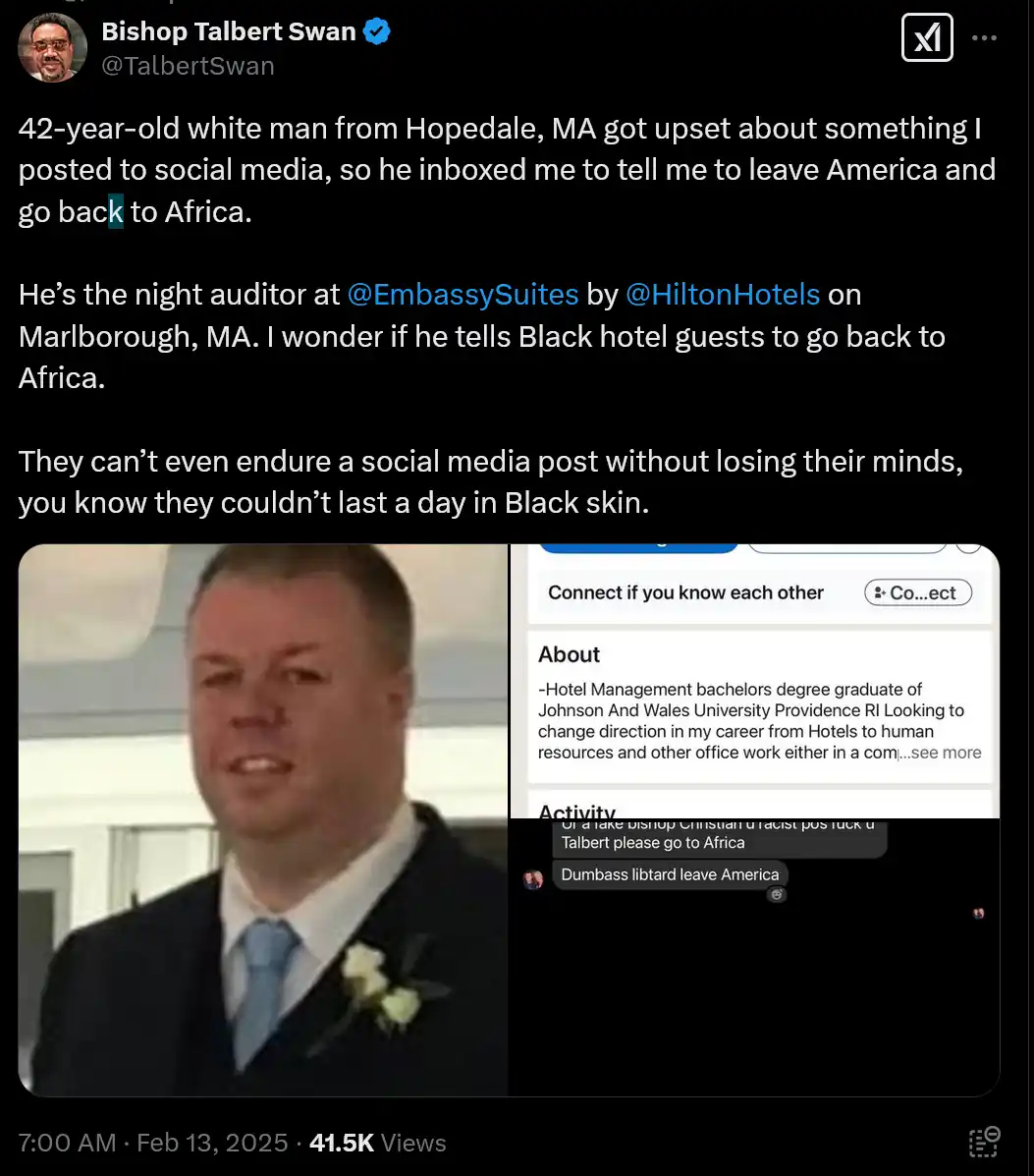 A screenshot of a tweet by Bishop Talbert Swan shows a photo of a white man in a suit with a boutonniere, alongside a…