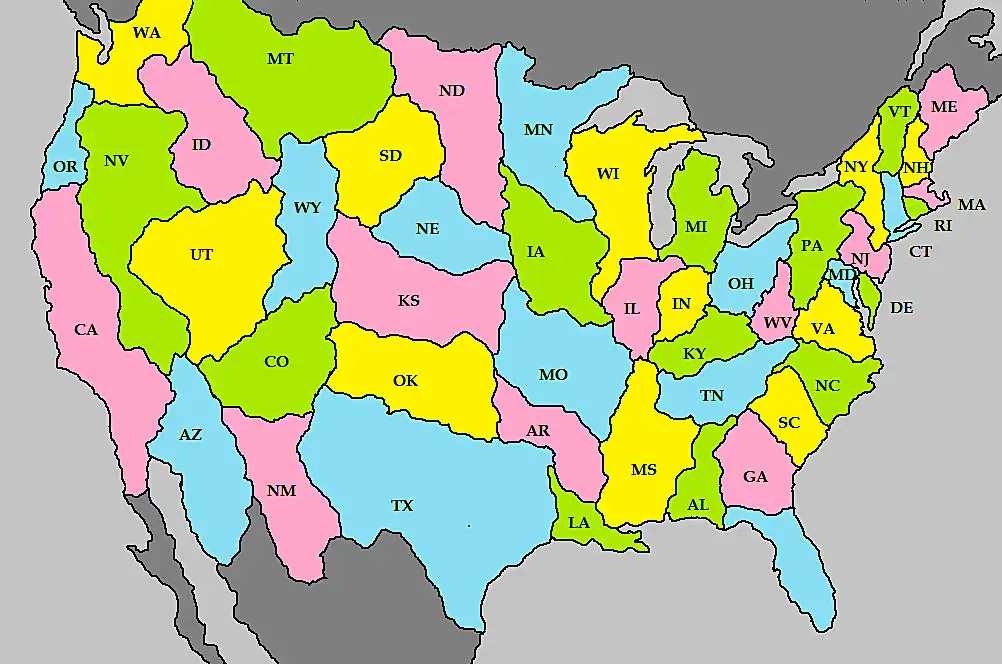 A colorful map of the United States with each state labeled by its two-letter postal abbreviation and colored in one of…