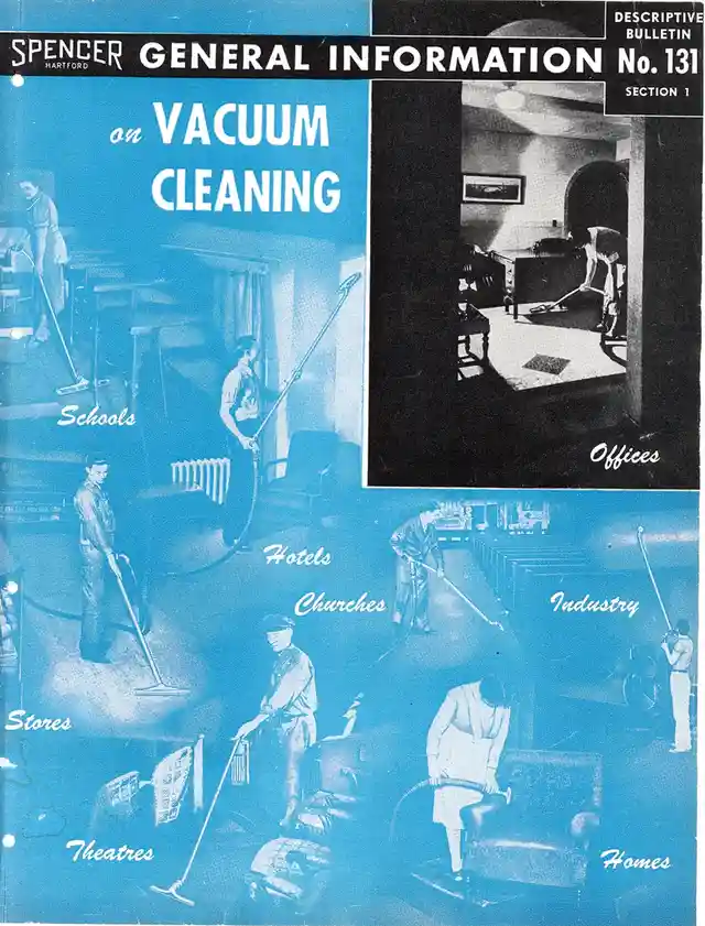 A vintage Spencer Hartford brochure cover titled 'General Information on Vacuum Cleaning' shows multiple black-and-white…