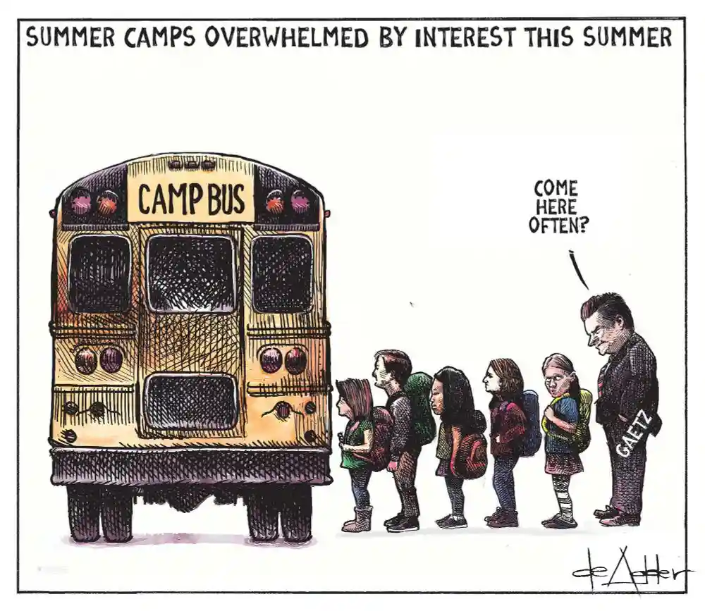 A cartoon shows the back of a yellow 'CAMP BUS' with a long line of children in backpacks waiting to board. A man in a suit…