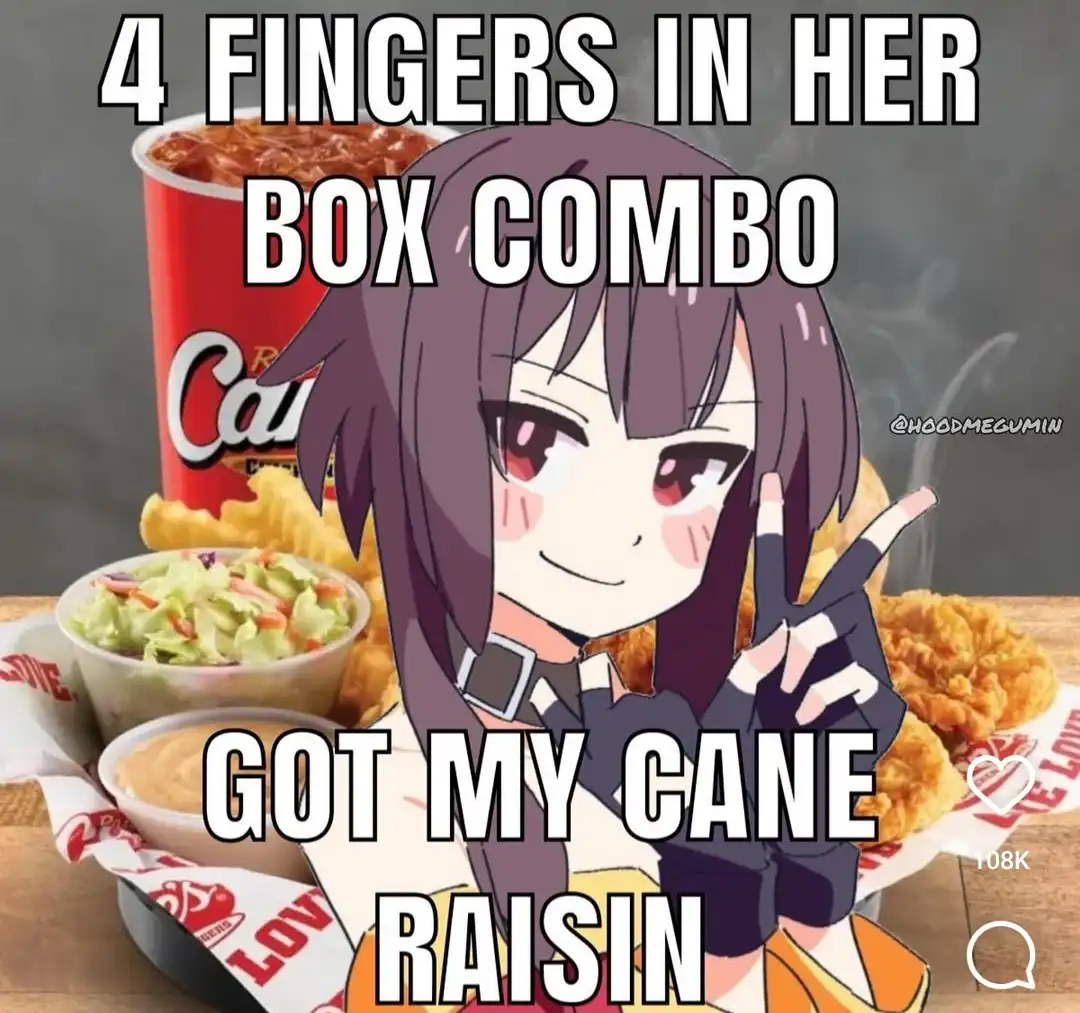 An anime girl with purple hair and a peace sign gesture is superimposed over a Carl's Jr. meal featuring fried chicken…