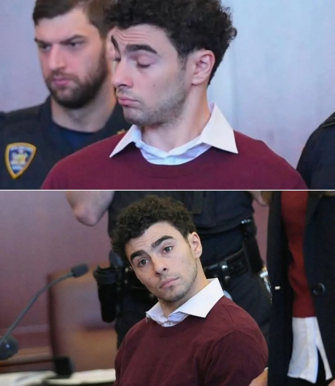 The image shows two photos of a man in a maroon sweater and white collared shirt in a courtroom setting, flanked by police…