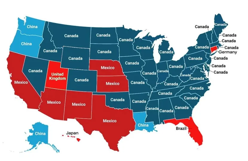 A map of the United States where every state is labeled 'Canada' except for a few states labeled 'Mexico', 'United Kingdom'…