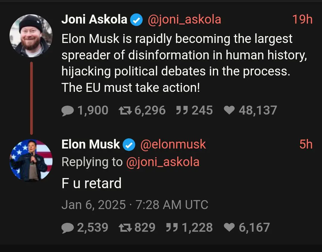 A screenshot of a Twitter thread shows Joni Askola accusing Elon Musk of being the largest spreader of disinformation…