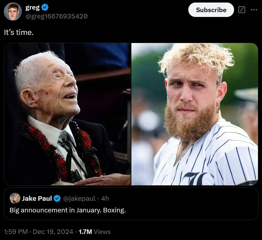 The image is a split-screen Twitter post showing an elderly man with white hair and a red lei on the left, and a young man…