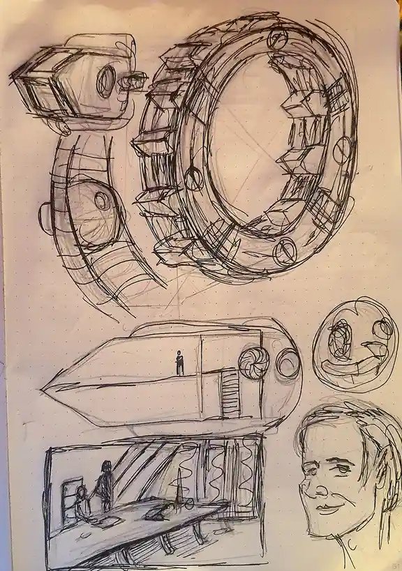 A hand-drawn sketch on dotted paper features a large, stylized letter 'C' with intricate mechanical details, a…