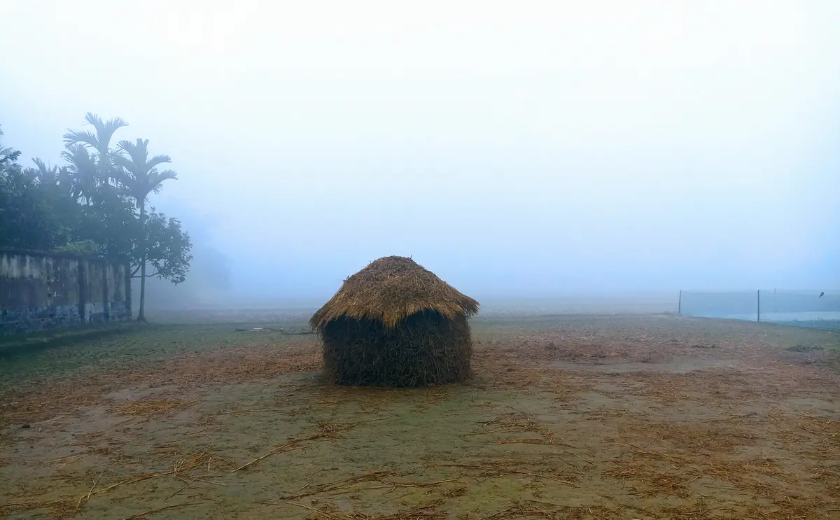A solitary, dome-shaped thatched hut sits in a foggy, muddy field with scattered straw, surrounded by faintly visible trees…