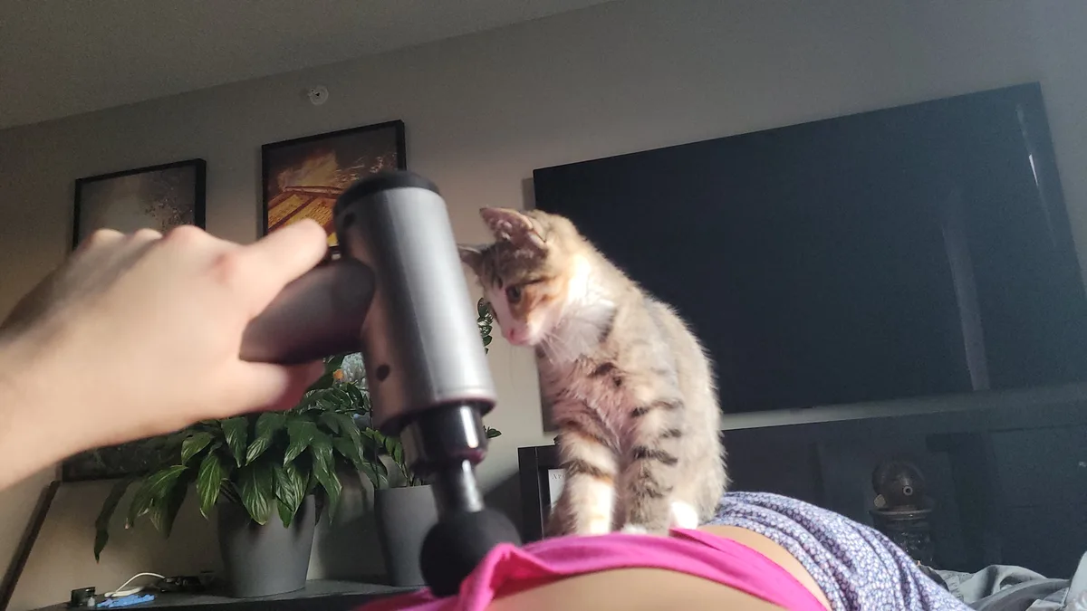 A person holds a silver and black massage gun near their body while a tabby cat with white markings sits nearby, looking…