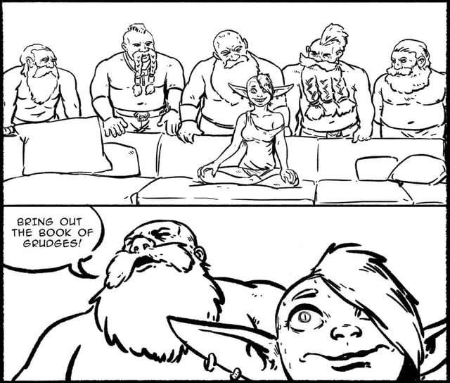 A black-and-white comic strip shows a small, smiling elf sitting calmly on a couch surrounded by five large, angry-looking…