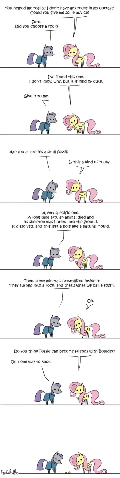 A six-panel comic featuring two cartoon ponies, one gray and one pink, having a conversation about rocks. The pink pony…