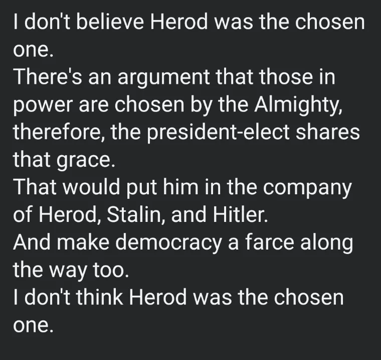 The image displays white text on a solid black background. The text is a satirical argument that if power is divinely…