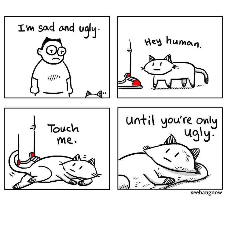 A four-panel comic shows a sad human stating they are sad and ugly, then a cat approaches with a broom, inviting the human…
