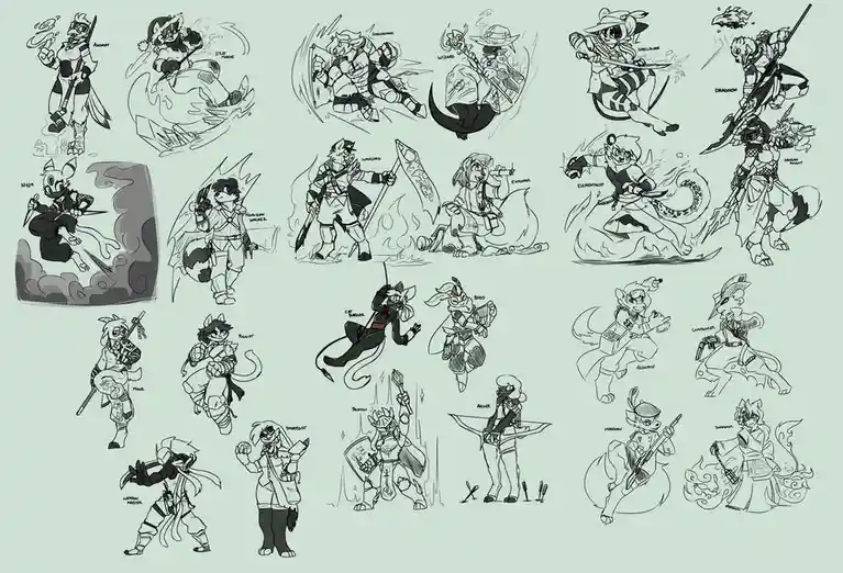 A collection of black-and-white character concept sketches featuring anthropomorphic animal characters in various fantasy…