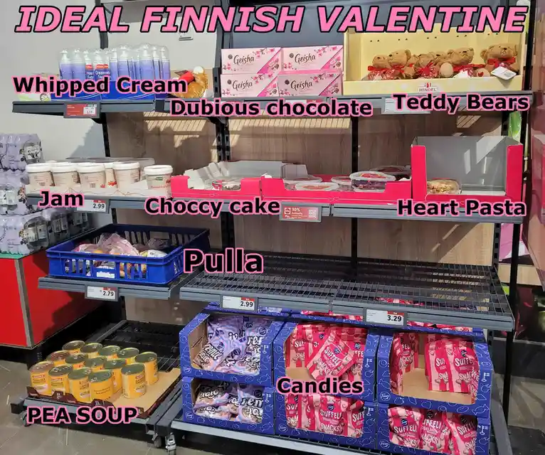 A supermarket shelf display labeled as 'IDEAL FINNISH VALENTINE' with various food items like whipped cream, jam, chocolate…