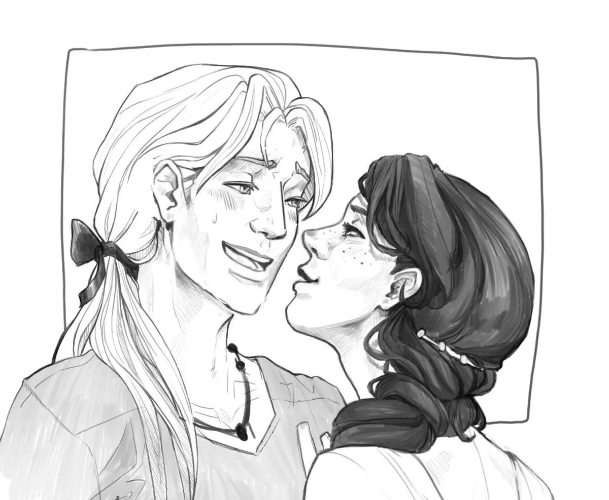 A black-and-white sketch shows two people in a close, affectionate pose, with one person smiling and the other looking up at…