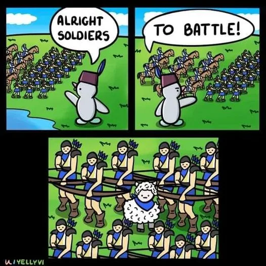 A three-panel comic strip shows a cartoon penguin commander rallying soldiers on horseback, then revealing they are carrying…