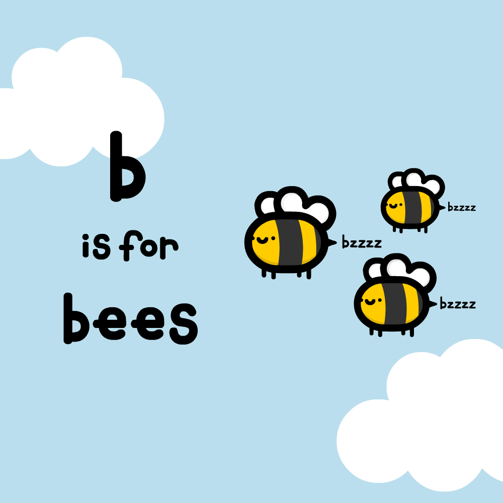 A light blue sky with white clouds features the text 'b is for bees' in bold black letters. Three cartoon bees with yellow…
