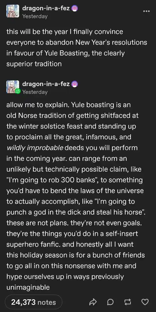 A screenshot of a Tumblr post by 'dragon-in-a-fez' showing two text entries. The first declares a preference for 'Yule…