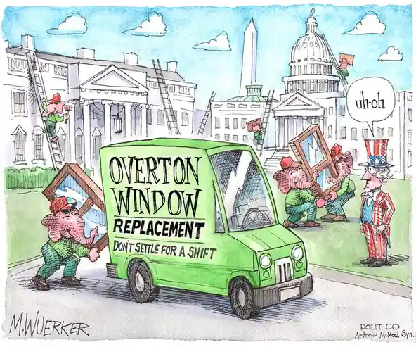 A cartoon depicts pink elephants in green work clothes replacing windows on iconic U.S. government buildings like the White…