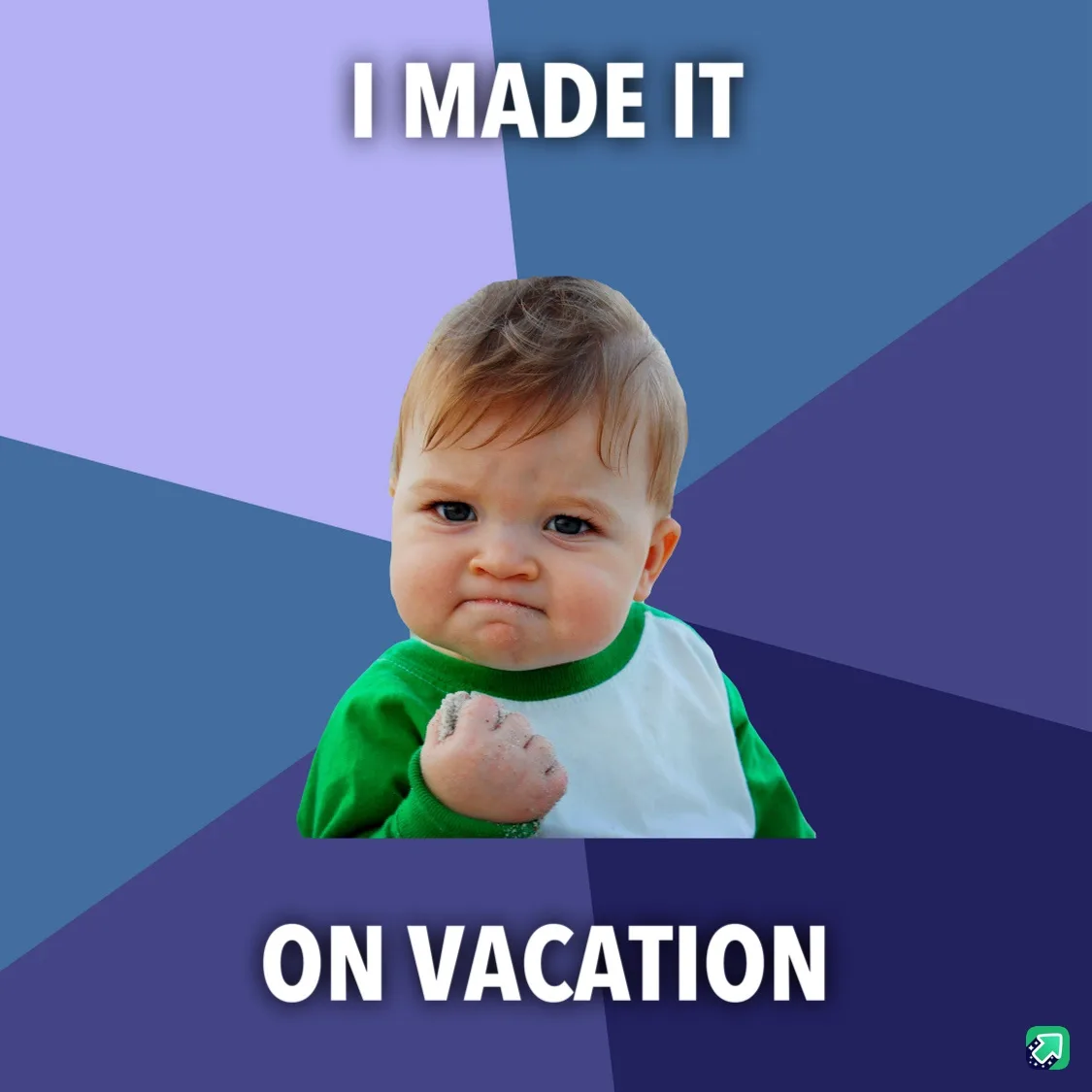 A baby with a determined, slightly smug expression, wearing a green and white shirt with sand on its fist, set against a…