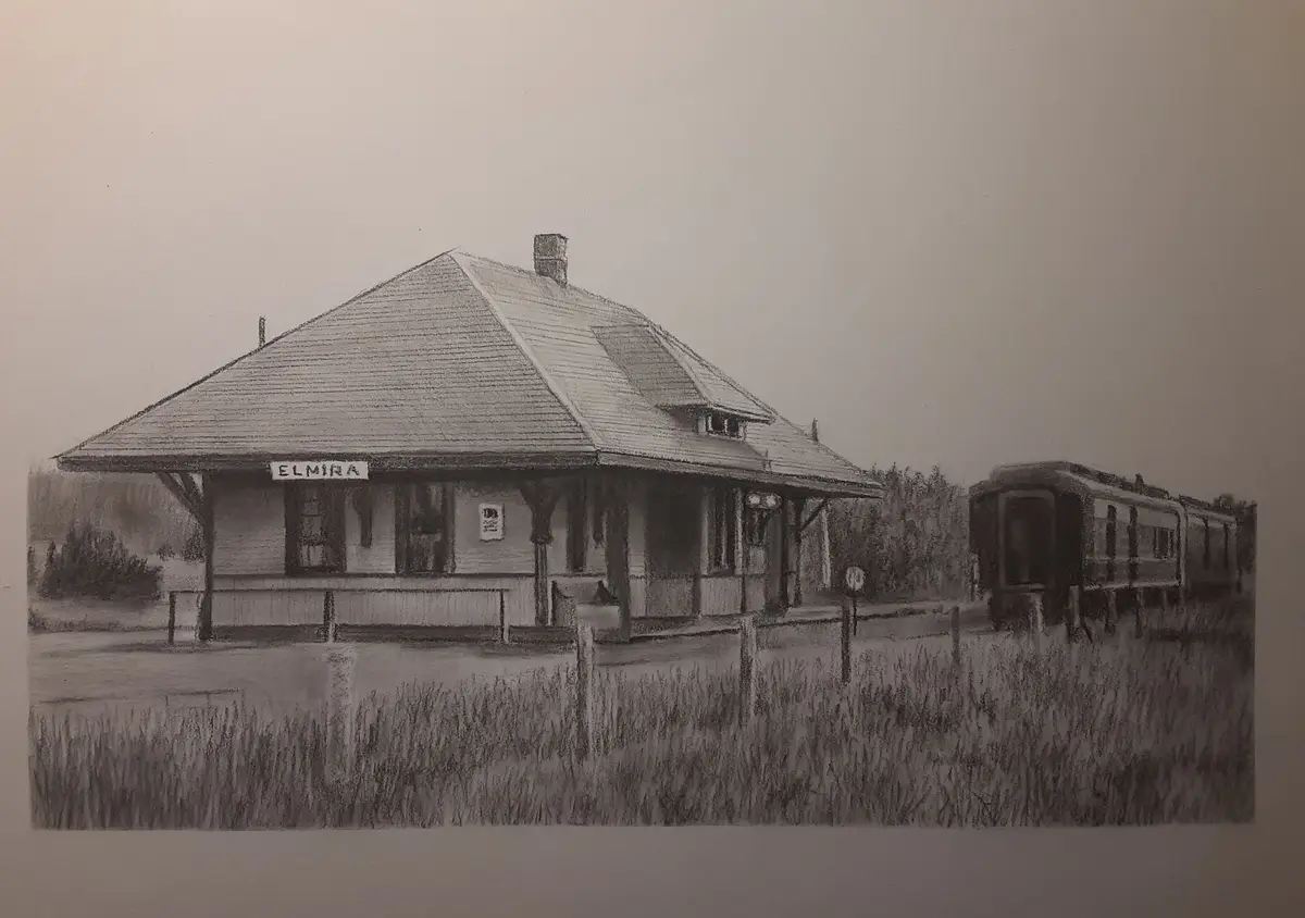 A black-and-white pencil sketch depicts a small, rustic train station labeled 'ELMIRA' with a single train car stopped…