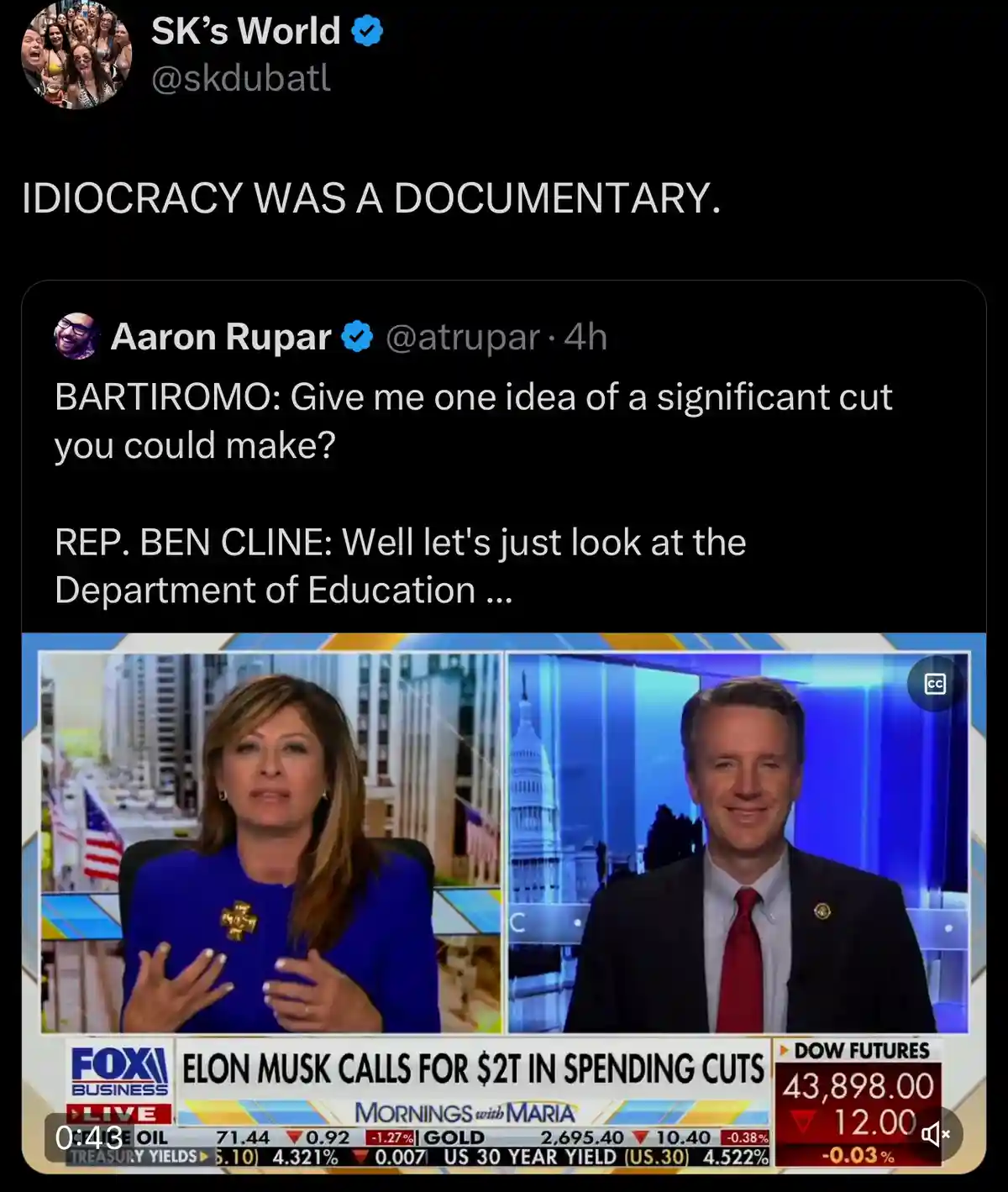 A screenshot of a Fox Business News segment shows host Maria Bartiromo and guest Rep. Ben Cline. The overlaid text reads…
