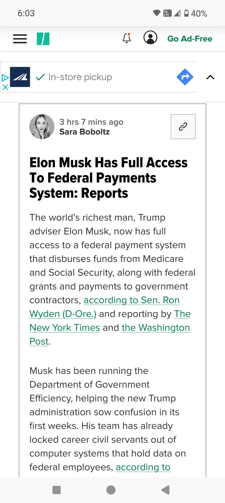 A screenshot of a news article on a mobile app shows a headline claiming Elon Musk has full access to federal payments…