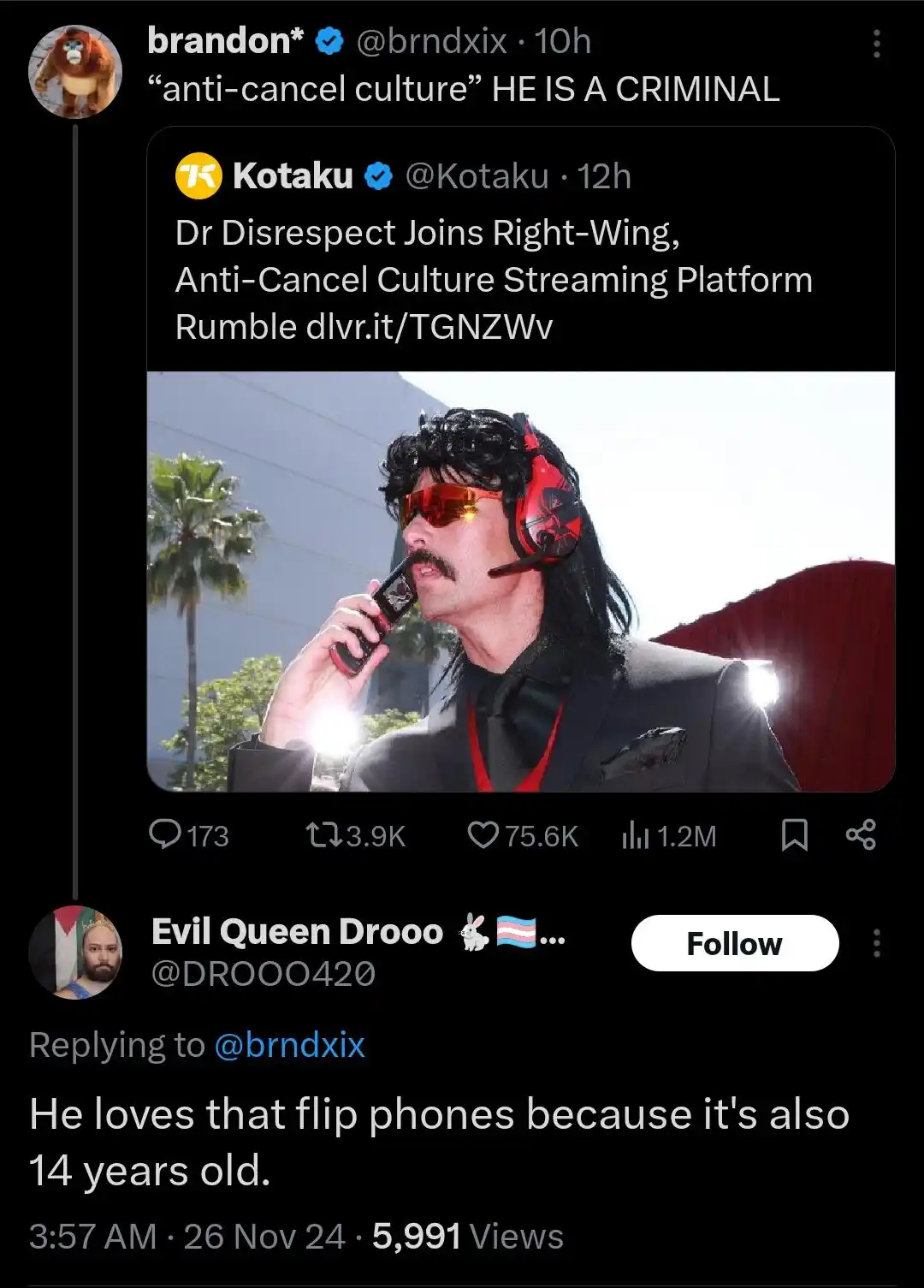 A screenshot of a Twitter thread shows a tweet from Kotaku about Dr Disrespect joining Rumble, followed by a reply from user…