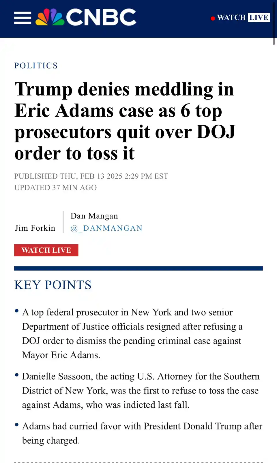 A screenshot of a CNBC news article with the headline 'Trump denies meddling in Eric Adams case as 6 top prosecutors quit…