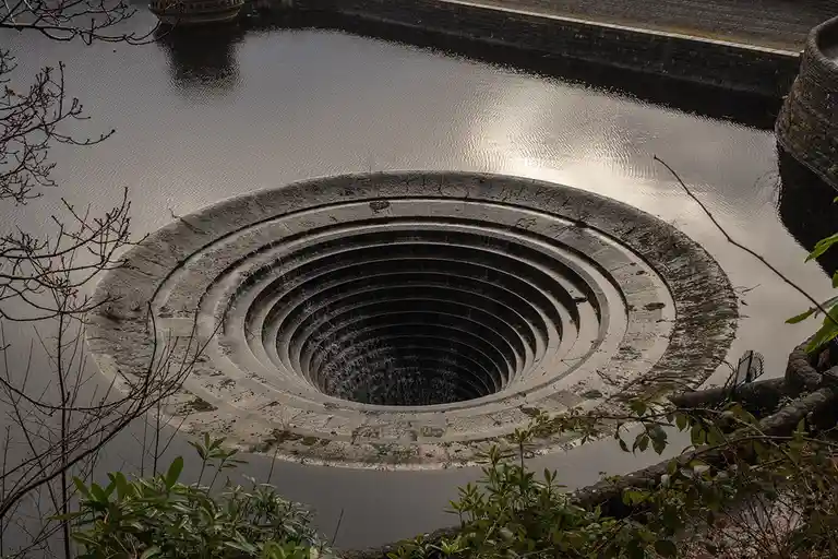 A high-angle photo shows a large, circular, multi-tiered stone structure in a body of water, resembling a vortex or drain…