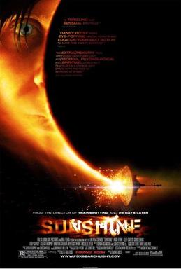 A movie poster for the film 'Sunshine' shows a close-up of a woman's face, half in shadow, with a fiery, glowing sun behind…